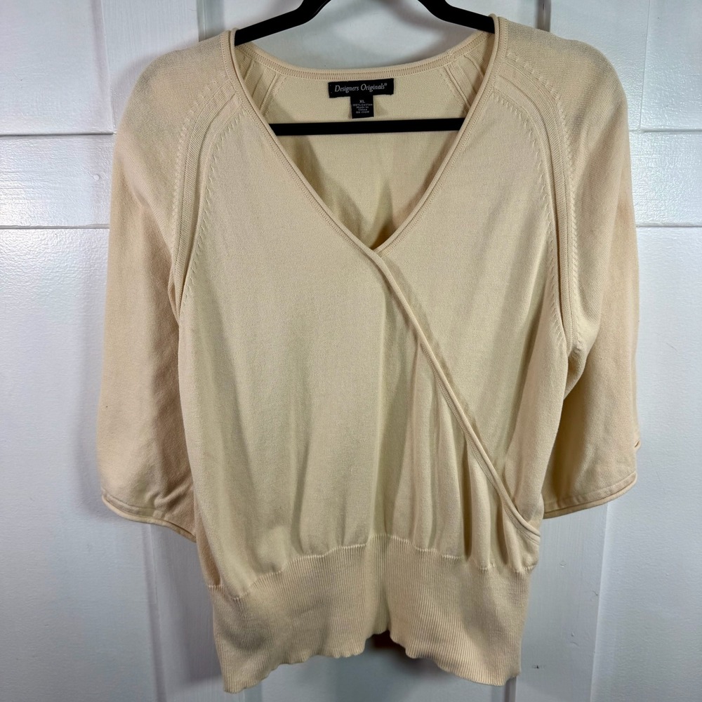 Designers Originals Womens XL Cream Wrap Knit Sweater 3/4 Sleeve Cotton